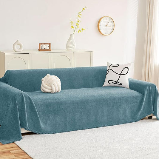 hyha Couch Cover for Dogs, Boho Chenille Sofa Cover for 3 Cushion Couch | Anti-Scratch Washable Sofa Slipcover, Loveseat Sectional Couch Throw Blankets with Tassels (Blue, 88.5x118 Inch) by hyha