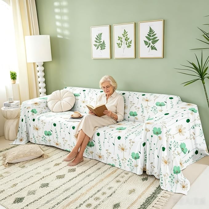 Erosebridal Watercolor Floral Couch Cover Emerald Green Beige Flower Sofa Cover 71" X 91" Modern Minimalist White Couch Protector for Sectional Sofasrustic Farmhouse Washable Non Slip Sofa Protector - Image 4