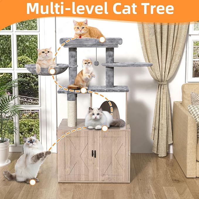 HavenlyYouth Litter Box Enclosure with Cat Tree,Cat Tree with Litter Box Enclosure,Hidden Pet Washroom Furniture with Sisal Scratching Post,Hammocks,Condo,Multiple Platform,Soft Plush Perch, Grey - Image 7