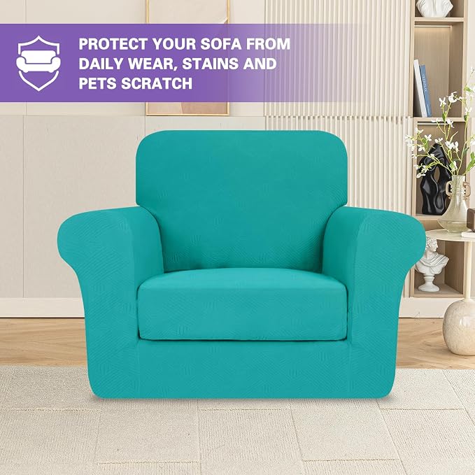 ZNSAYOTX 2 Piece Stretch Chair Covers (31"-46"), Thick Striped Armchair Slipcover with Elastic Band Bottom Ties Non-Slip Stay in Place, Soft Durable Arm Chair Covers for Living Room, Peacock Teal - Image 3