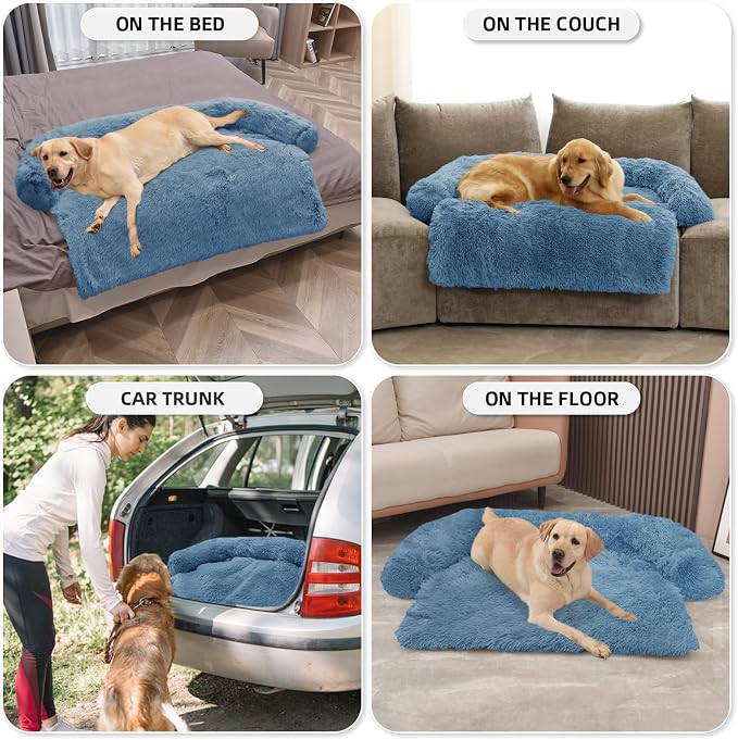 GGIB Calming Dog Bed Fluffy Plush Dog Mat for Furniture Protector with Removable Washable Cover for Large Medium Small Dogs and Cats (Extra Large (53x39.3x6), Navy) - Image 6