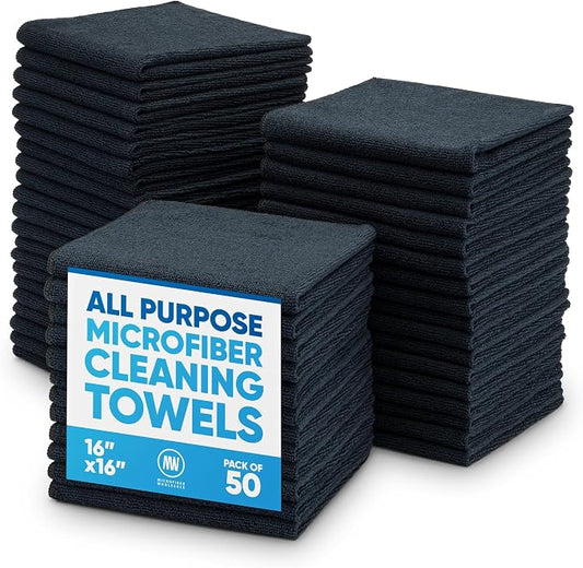 Microfiber Wholesale 16" x 16" All Purpose Towels - 50 Pack - Reusable Wash Cloths, Dust, Kitchen, Car, Shop Rags for Cleaning (Black) by MicrofiberWholesale