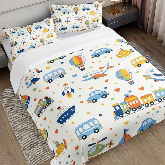 AILONEN Transport Mix Twin Duvet Cover Set 3 Piece, Train Rocket Printed Bedding with 2 Pillowcases, Microfiber Zipper Closure, Kids Dorm Room - Image 2