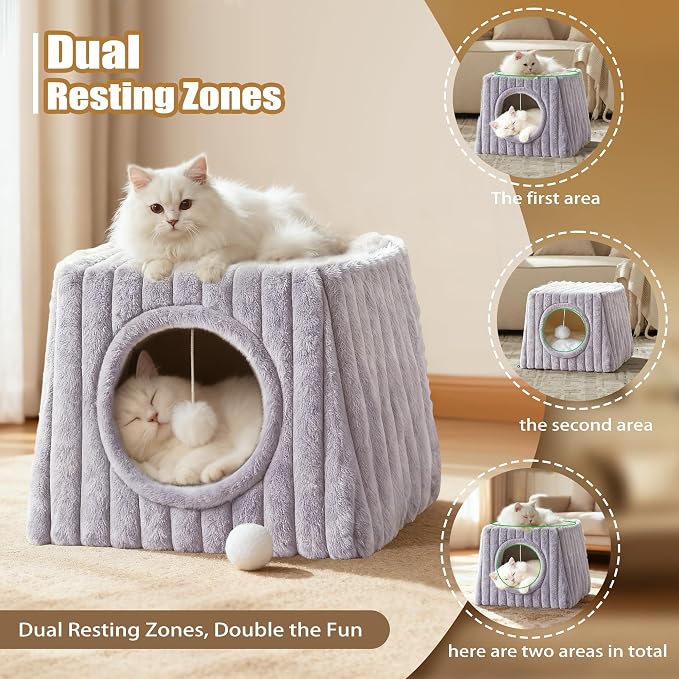 Indoor Cat House - Large Cat Cave Bed with Fluffy Balls, Foldable Cat Bed Cave and Apartment with Pads, Suitable for Multiple Small and Large Cats, 15.74x15.74x13.38 inches(Grey, Large) - Image 3