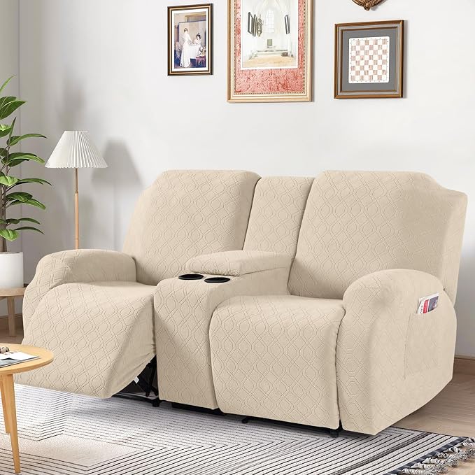 VANSOFY Recliner Loveseat Cover with Middle Console Stretch Reclining Sofa Slipcover for 2 Seat Jacquard Reclining Couch Sofa Covers Furniture Protector with Elastic Straps Bottom (Cream) | 4-Pieces, Soft Furniture Protector, Washable Slipcover with Po... - Image 7