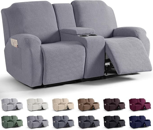 KinCam Loveseat Recliner Covers with Middle Console Slipcover, Light Gray | Stretch Recliner Sofa Covers for 2 Seat Couch Cover, Jacquard Furniture Protector Covers with Elastic Bottom for Kids, Pets by KinCam