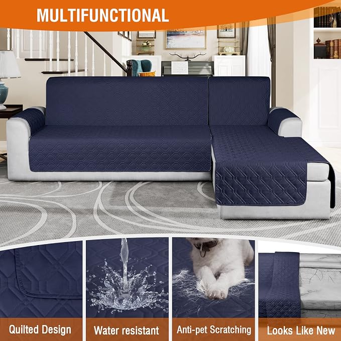 VANSOFY Sectional Couch Covers 100% Waterproof L Shaped Sofa Slipcover 3pcs Reversible Chaise Lounge Cover for Sectional Sofa Furniture Protector Cover for Pets Cat Dog(Large, Dark Blue) - Image 4