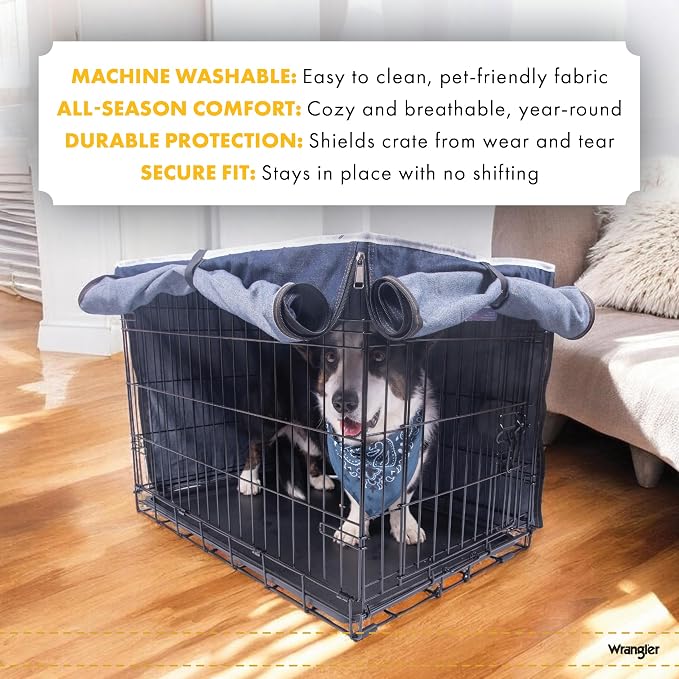 Wrangler Denim Dog Crate Cover – Durable, Breathable & Stylish Dog Kennel Cover with Rollable Panels & Front Pocket for Accesories - Machine Washable Crate Covers for Dog Cages (S) - Image 4