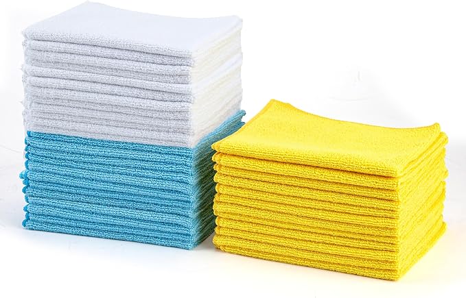 Amazon Basics Microfiber Cleaning Cloths, Ultra Absorbent, Scratch-Free, Highly Absorbent, Non-Abrasive, Reusable and Washable, 16" x 12", Blue/White/Yellow, (Pack of 288) by AmazonBasics