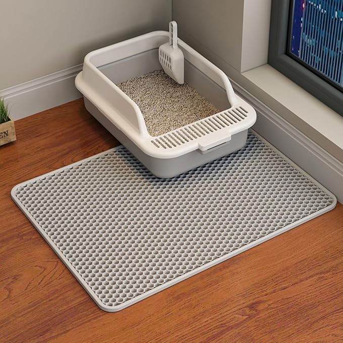 HCY&WLD Cat Litter Mat, 45x26/35x24/30x22/24x18 Inch Double Layer Cat Litter Box Mat, EVA Non-Slip, Waterproof Urine Proof Cat Litter Catcher Mat, Easy Clean Scatter Control (24x18 Inch, Gray) by HCY%26WLD