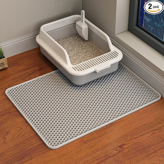 HCY&WLD 2-Pack Cat Litter Mat, Double Layer Honeycomb Waterproof Urine Proof Non-slip Litter Trapping Mat, Less Waste, Easy to Clean Cat Litter Box Mat, Kitty Indoor Supplies (Gray, 24x18 Inches) by HCY%26WLD