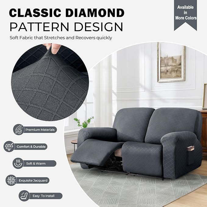 vctops Diamond Recliner Loveseat Slipcover 6-Pieces Stretch Dual Recliner Sofa Covers for 2 Seat Dual Reclining Loveseat Couch Soft Solid Furniture Protector (Grey,2 Seat) - Image 3