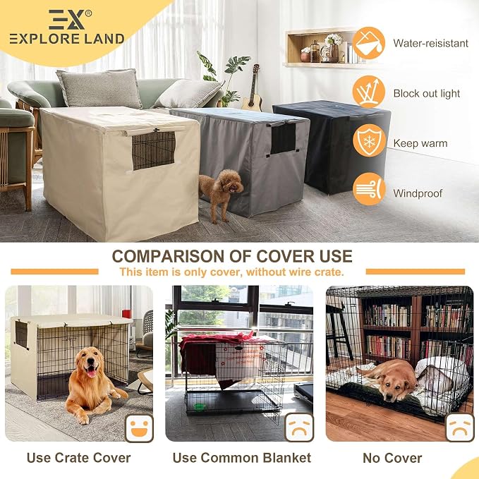 Explore Land 48 inches Dog Crate Cover Heavy Duty Polyester Pet Kennel Sunshade Universal Fit for Wire Cage (Light Tan) - Image 5