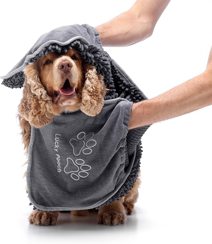 Lucky Pooch® Super Absorbent Shammy Dog Towel - Luxuriously Soft Hand Pockets – 34.5x12.5in – Quick Drying Microfiber Dog Bath Towel – Durable Towels for Drying Dogs (Pack of 1, Gray) - Image 3