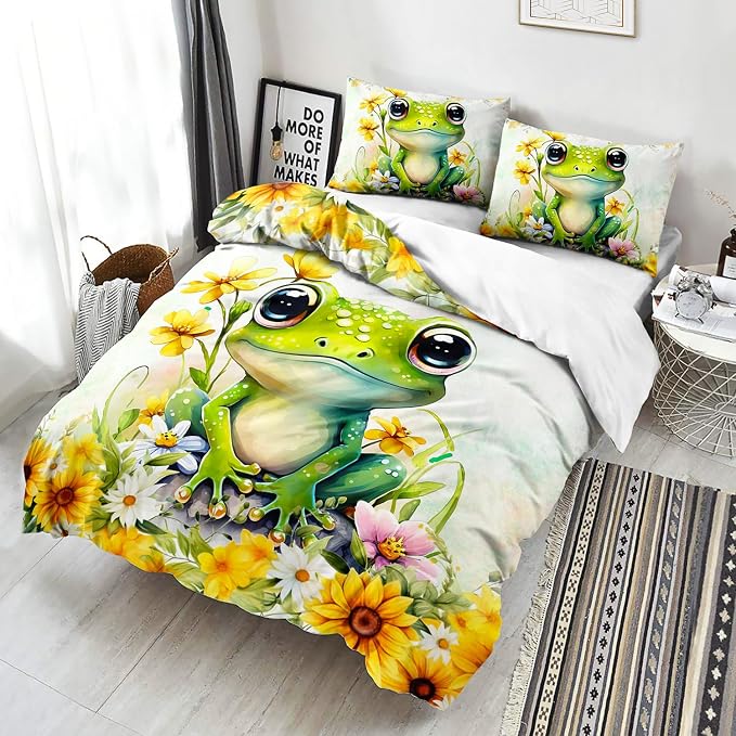 AILONEN Green Frog Duvet Cover Set Queen Size, Cute Cartoon Frog Bedding Set for Kids Boys Girls,Beautiful Sunflower Comforter Cover,Kawaii Tree Frog Duvet Cover,3 Pieces,1 Quilt Cover 2 Pillowcase - Image 2