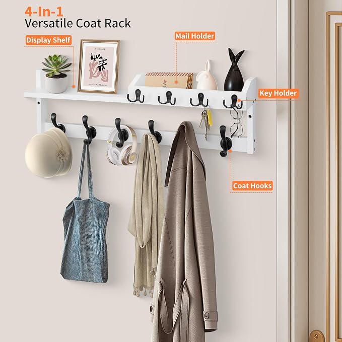 Coat Rack Wall Mount with Shelf, 27.5" Entryway Wall Hanging Shelf, Coat and Key Hanger with 10 Dual Hooks, Mail Organizer and Key Holder Hat Rack for Wall, Wood Coat Hooks with Storage - Image 3