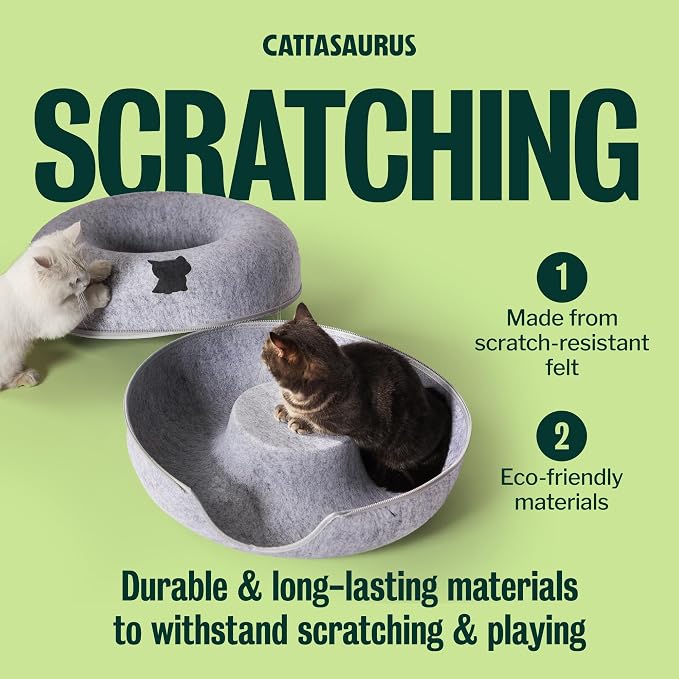 Cattasaurus Peekaboo Cat Cave Donut for Multiple & Large Cats up to 30-45 lbs, 3-in-1 Self Warming Cat Bed, Tunnel & Scratcher for Indoor Cats, Washable & Detachable Small Dog Bed (Light Gray, Large) - Image 8