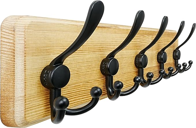 Dseap Coat Rack Wall Mount - Heavy-Duty Robust Rustic Wooden Wall Coat Hanger Hook Rail with 5 Triple Hooks for Winter Jacket & Hat Clothing, Light Brown & Black - Image 9