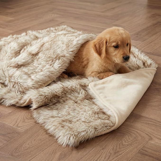 Faux Fur Dog Blanket, Waterproof Couch Cover, White w/ Brown Tips 40"x30" | Plush Sheepskin Style Pet Throw for Sofa, Bed, and Car, Washable Furniture Cover that Protects From Fur and Spills - Image 2