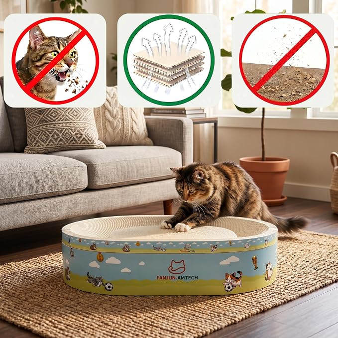 3PCS White Cat Scratcher Cardboard Lounge Bed, Mess-Free High-Density Oval Cat Scratching Pad for Indoor Cats, Sports Soccer Style Cat Scratcher Bowl Nest for Large Cats and Kittens (M) - Image 2