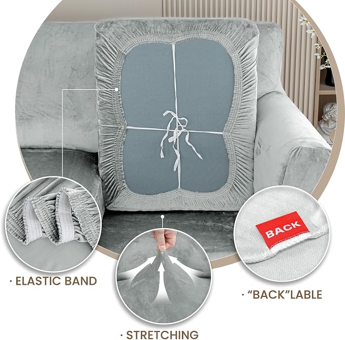 XINEAGE 4-Piece Velvet Oversize Sofa Cover,Couch Covers for Dog,Silver Gray | 3 Cushion Large Sofa,Stretch Non-slip Elastic, Pet-friendly, Washable, Fast Setup, Soft Plush Fabric, Furniture Protector. - Image 7