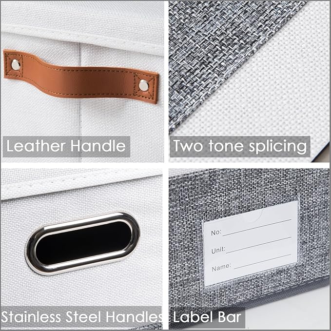 PRANDOM Storage Bins with Lids [3-Pack] Linen Fabric Foldable Storage Boxes Organizer Containers Baskets Cube with Cover for Bedroom Closet Office Grey&White (23.4X15.9X11.4) - Image 7