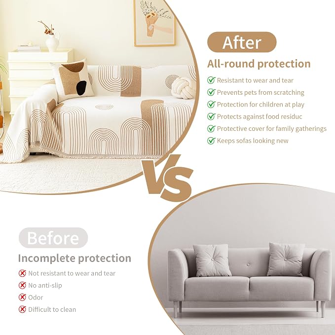VANJOROY Boho Oversized Couch Sofa Cover for 3-4 Cushion Sectional Sofa L-Shape -Washable Chenille Couch Cover for Dogs Pets, Khaki Couch Cover Protector Soft Sofa Slipcovers with Tassel,91"x 150" - Image 6