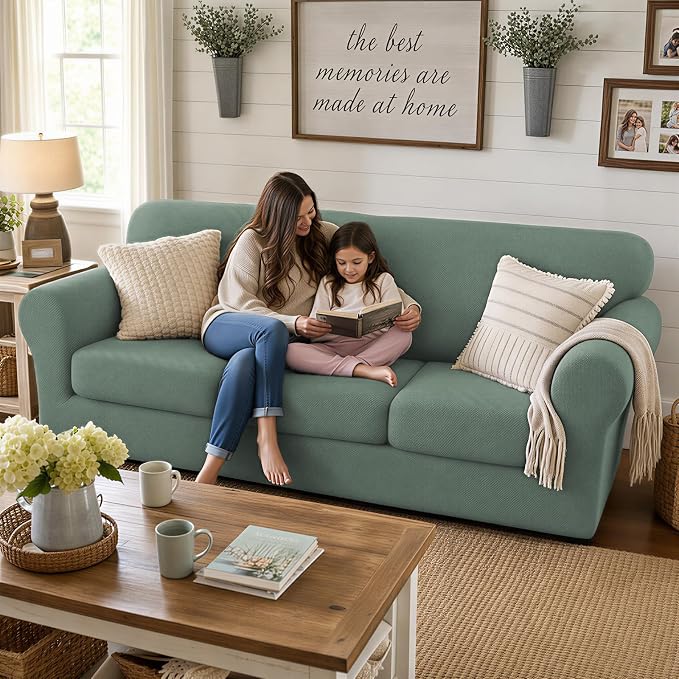XINEAGE New 3 Pieces Couch Covers for 2 Extra Large Cushion Sofa Super Stretch Sofa Cover for 2 Large Seat Universal Loveseat Slip Cover for Living Room (Pea Green), 71"-91"(2 Cushions) - Image 3