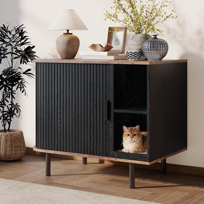 Cat Litter Box Enclosure, Kitty Hidden Litter Box Furniture with Scratch Pad, Modern Indoor Cat House, Sliding Door, Adjustable Shelf for Dog Proof, Black - Image 7