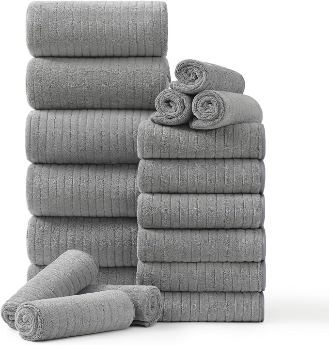 Hailea 18 Piece Family Bath Towel Set Include 6 Bath Towels,6 Hand Towels and 6 Washcloths Soft Bathroom Towel with Hanging Loops,Highly Absorbent Quick Dry Towels Set for Bathroom,Hotel and Spa-Grey by Hailea