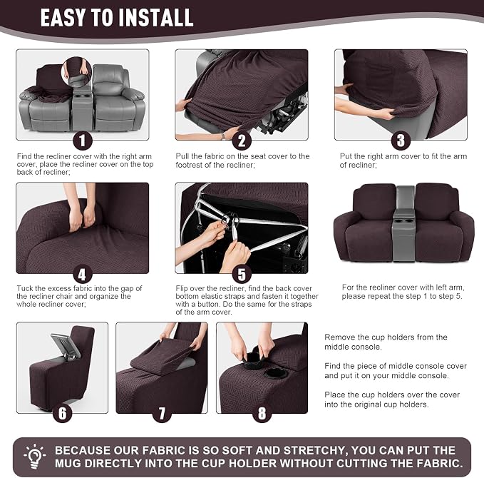 KinCam Loveseat Recliner Covers with Middle Console Slipcover, Dark Coffee | Stretch Recliner Sofa Covers for 2 Seat Couch Cover, Jacquard Furniture Protector Covers with Elastic Bottom for Kids, Pets - Image 5