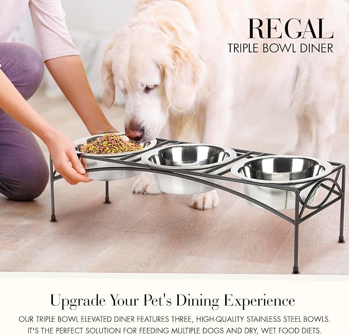 NMN Designs Regal Triple Diner - Triple Bowl Dog and Cat Feeder Stand - Ideal for Feeding Multiple Pets - Durable Wrought Iron Construction with 3-2 Qt Stainless Bowls - 26.5" L x 8" W x 7" H, Black - Image 4