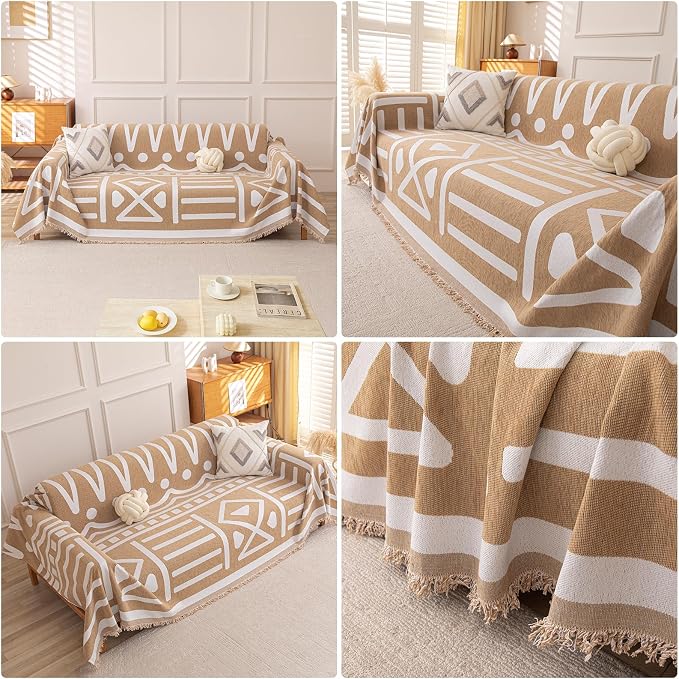 Deep Dream Boho Couch Cover, Non Slip Soft Chenille Couch Covers for 3 Cushion Couch, Thick Sofa Slipcover Sectional Sofa Cover Washable Couch Protectors for Dogs (Khaki, 71"x118") - Image 4