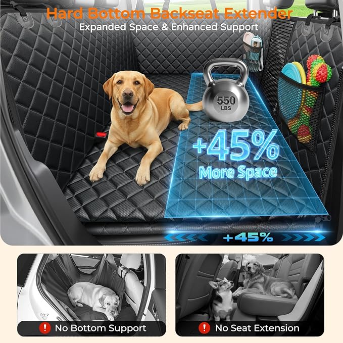 URPOWER Back Seat Extender for Dogs, Large Hard Bottom Dog Car Seat Cover | Supports 550 lbs, Stable 3-Panel Hard Bottom, Added High-Density Foam for Comfort, Waterproof 900D Oxford, 45% More Space - Image 2