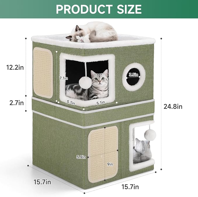 Shikha 2 Story Cat House beds for Indoor Cats with Scratch Pads Green | 2 in 1 Dual Use Double Cat Bed Cave for Multiple Pets Kitten, Elevated Perch for a Wide View, All Season Reversible Cushion - Image 3