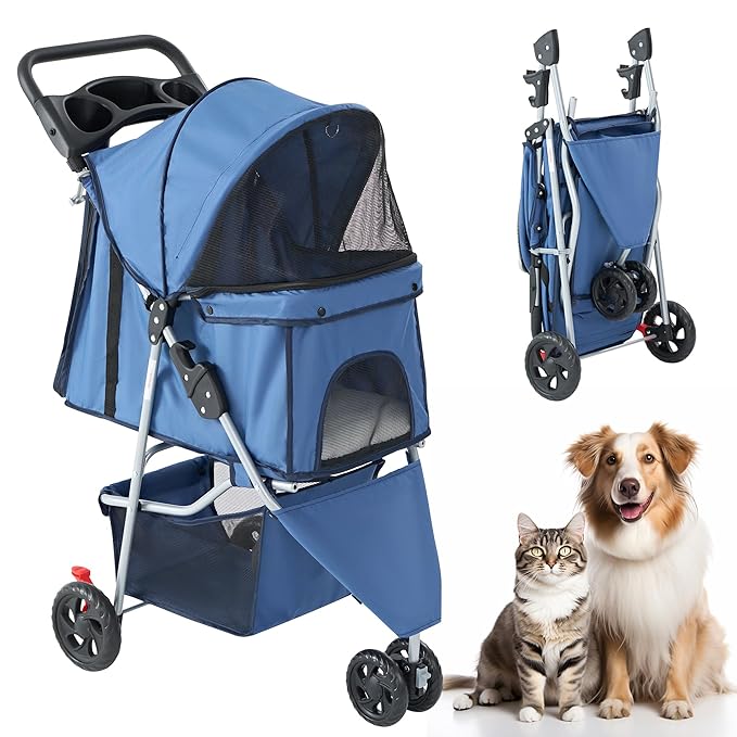 NEWBULIG 3 Wheel Pet Stroller for Dogs and Cats, Foldable, Lightweight and Durable, Ideal for Small to Medium Pets, Includes Storage Basket and Cup Holders