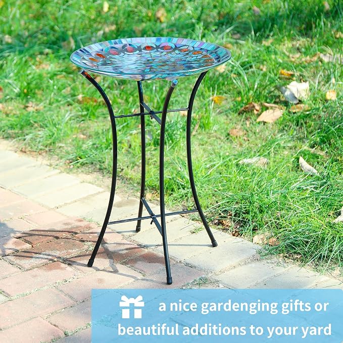 MUMTOP Mosaic Glass Bird Baths with Metal Stand for Garden Decor, Peacock | 14 Inch Width 19.68 Inch Height Outdoor Garden Peacock Bird Bath Bowl, Unique Glass Birdbaths Bird Feeder for Yard Decor - Image 7