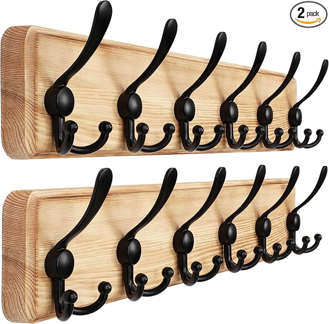 Dseap Coat Rack Wall Mounted - 24" Long 6 Tri Hooks, Heavy Duty Wooden Wall Coat Hanger Coat Hook for Clothes Hat Jacket Clothing, Weathered Light Natural and Black, Pack of 2 by Dseap