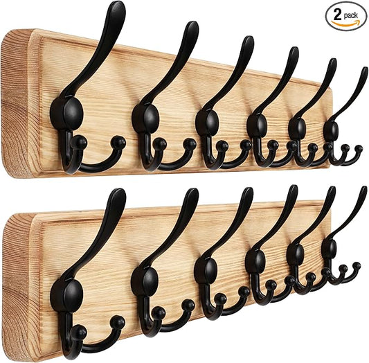 Dseap Coat Rack Wall Mounted - 24" Long 6 Tri Hooks, Heavy Duty Wooden Wall Coat Hanger Coat Hook for Clothes Hat Jacket Clothing, Weathered Light Natural and Black, Pack of 2 by Dseap