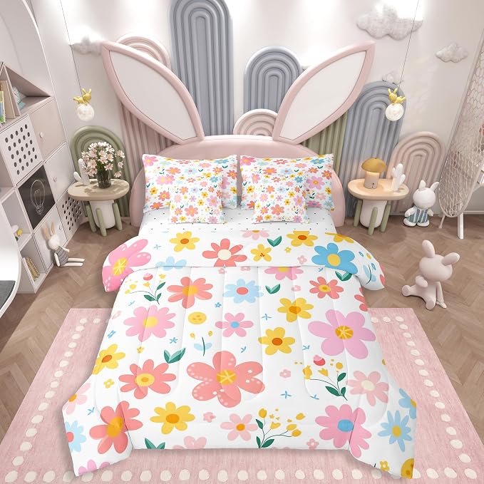 Feelyou Cute Flower 7 Piece Bedding Set Twin Size Kids Cartoon Cute Floral Bed in a Bag for Kids Girls Teens Toddler Yellow Pink Comforter Set with Sheets Kawaii Bed Set by Feelyou