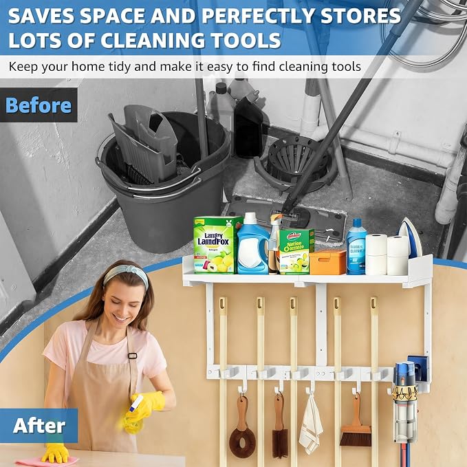 HUFAND Broom Holder Wall Mount, 27" Mop and Broom Organizer with Top Shelf | 5 Grippers,5 Movable S-Hooks,Breathable Grid Shelf,Rust-Resistant Coating,Hardware Included,for Kitchen,Laundry Room - Image 4