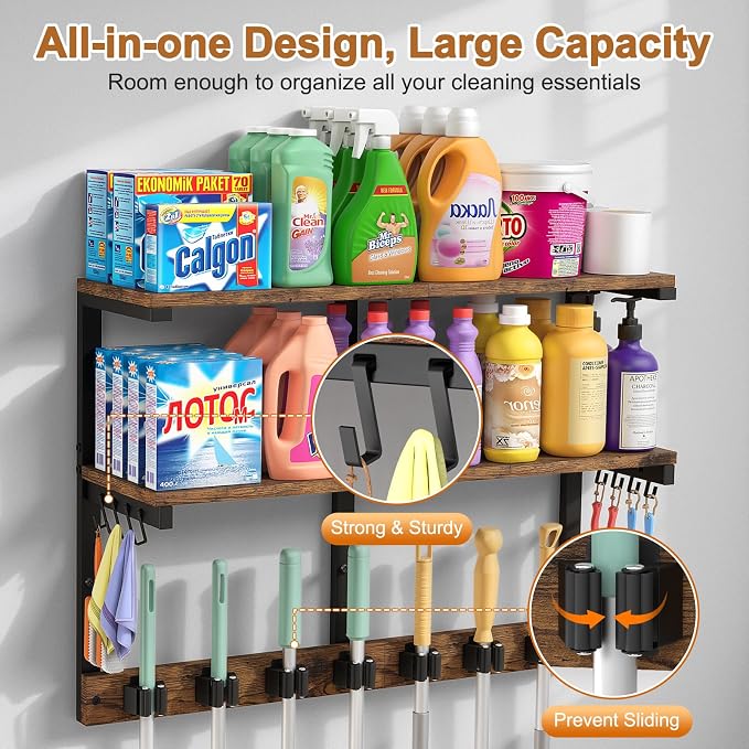 Housolution Wall Mount Broom Holder Laundry Room Storage Organizer Shelves | 2 Tier Large Capacity, Thickened Metal Frame, 100 LBS High Load-Bearing, Multifunctional with 7 Grippers & 8 Hooks - Image 2