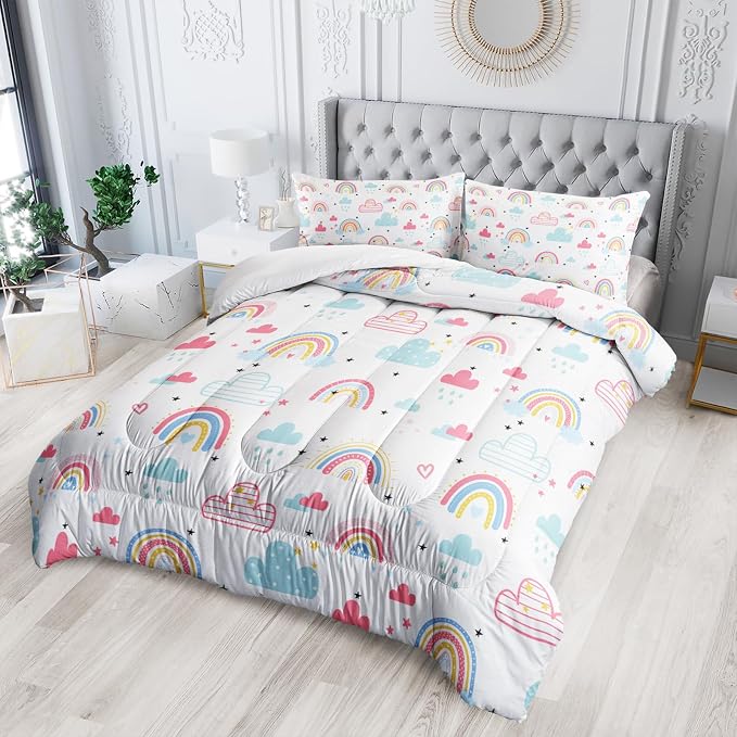 Nttopship Rainbow Comforter Sets Comfort King Size， Bedding Sets for Kids,Kawaii Clouds and Rainbows Comforter Sets All Season 1 Comforter and 2 Pillowcases - Image 3