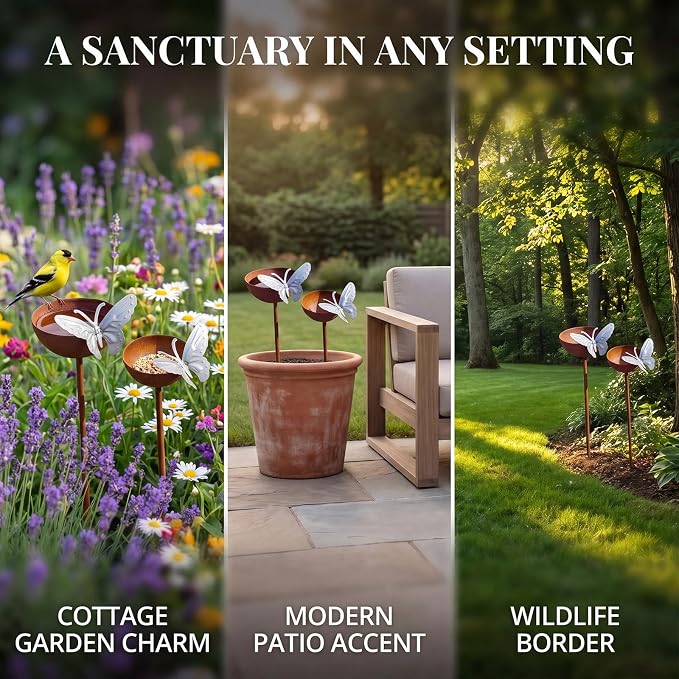 2 Pack Rusty Rain Catcher Garden Stake - Adjustable Metal Bird Feeder and Bath Bowl, Butterfly Style Vintage Outdoor Decor for Lawn Yard, Attracts Birds and Beneficial Insects - Image 5