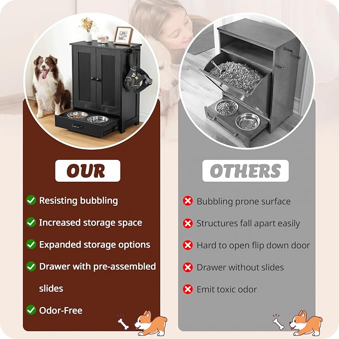ALINE FURNITURE Dog Feeding Station with Storage Cabinet and 2 Elevated Dog Bowls, Hidden Pet Feeder Station Wood, Dog & Cat Storage Organizer, Black - Image 4