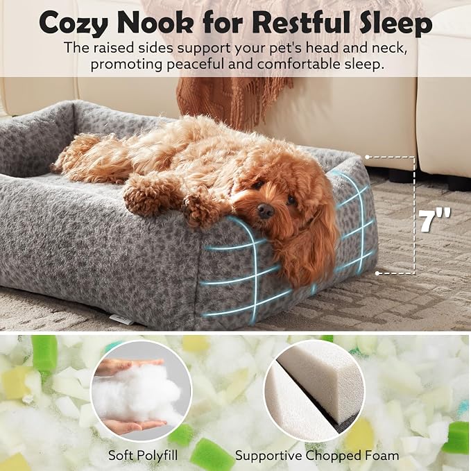 JOEJOY Dog Bed for Small Medium Dogs, Removable Washable Cover Orthopedic Soft Faux Rabbit Fur Pet Bed, Anti-Slip Fluffy Plush Puppy Bed, 25"x21"x7", Leopard Print, Grey - Image 2