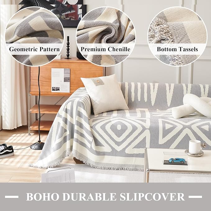 91" x118" Soft Chenille Couch Cover with Grey Geometric Pattern for 1-2 Cushion Couch Reversible 1 Piece Sofa Cover Furniture Protector with Tassels for Dogs Cats Scratching Washable - Image 2