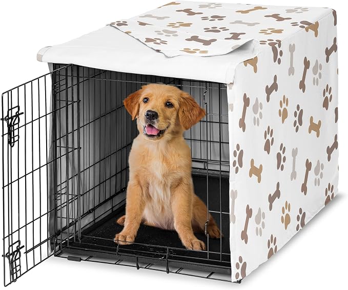 Sweet Jojo Designs 36in. Medium Dog Crate Cover (Bones and Paw Prints) Pet Cage, Kennel Covers (Modern, Cartoon, Doggy, Puppy, Neutral, Paws Print, Whimsical, Brown, Tan, Grey, Taupe and Off White) by SweetJojoDesigns