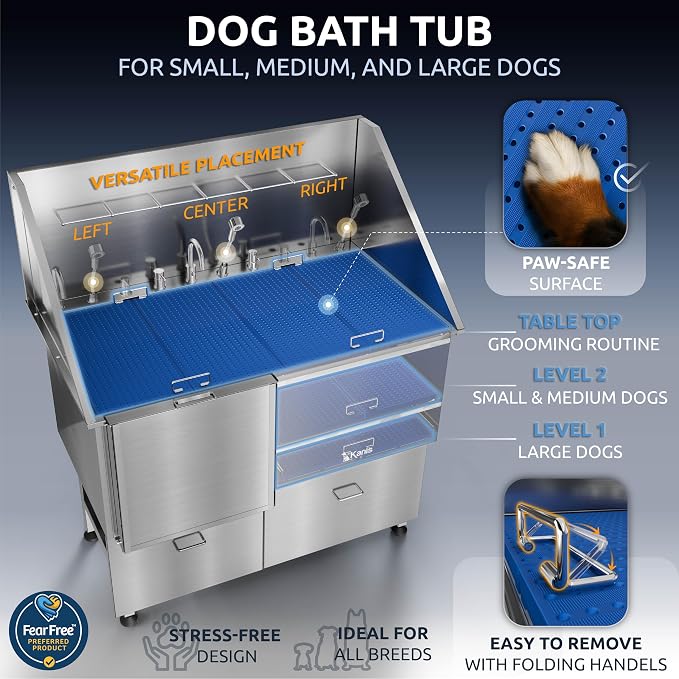 KANIS Professional Dog Washing Station 304 Stainless Steel Pet Wash Sink | Grooming Bathtub w/Shower, Floor Grates and Storage for Large, Medium & Small Pets - Image 6