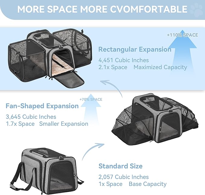 Petsfit 17" x 11" x 11" Airline-Approved Expandable Pet Carrier, 2X Square Expansion Reduces Pet Anxiety, Escape-Proof Self-Locking Zippers, 5 Easy-Access Entrances, for Cats & Small Dogs up to 15 lbs